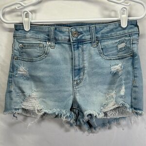 American Eagle High Rise‎ Shortie Shorts Denim Womens 4 Lace Light Distressed